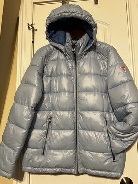 Guess Light Blue Shiny Quilted Puffer Jacket